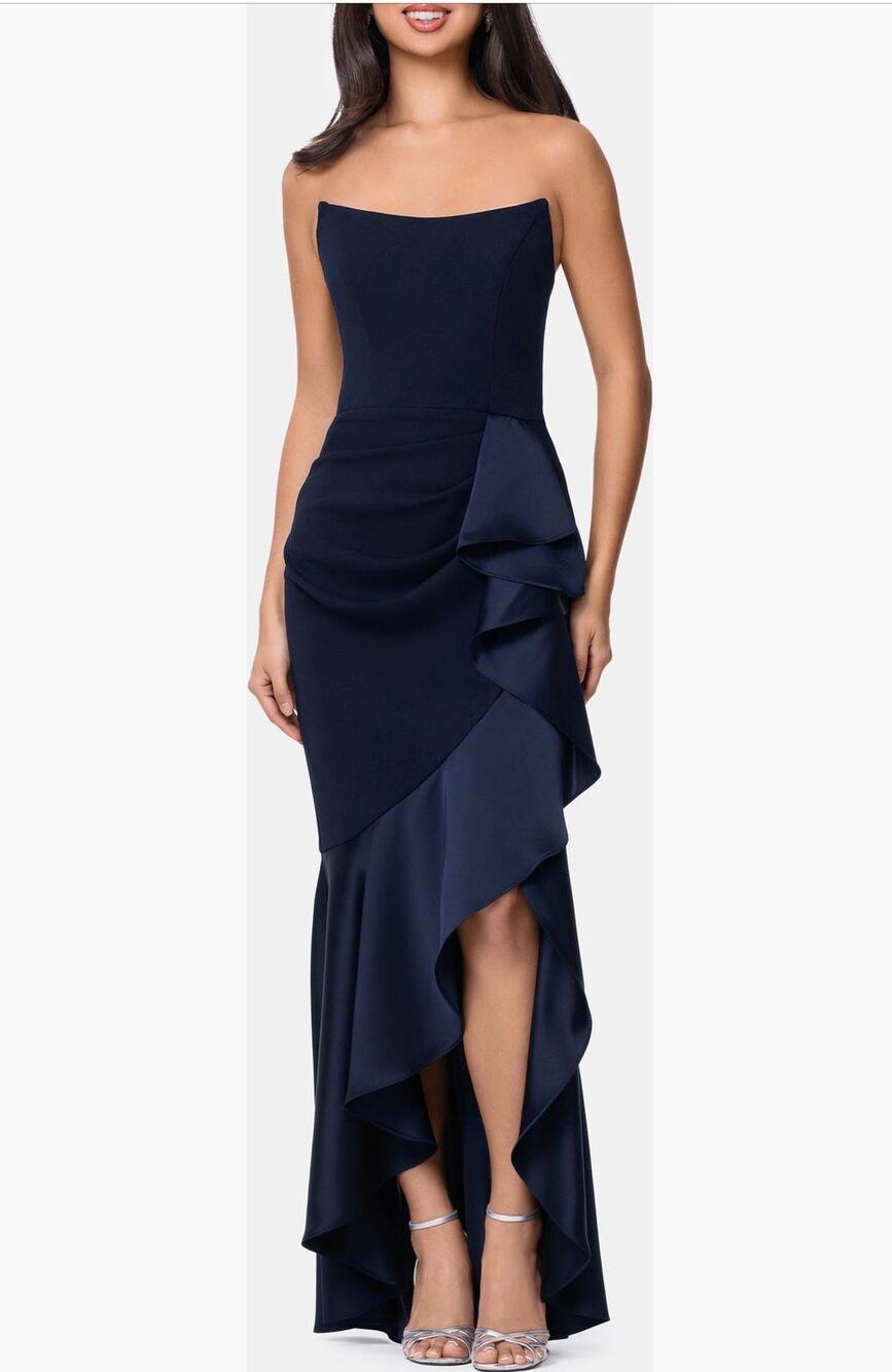 Betsy & Adam Navy Satin Ruffle Strapless Gown Size 8 (new with tags)